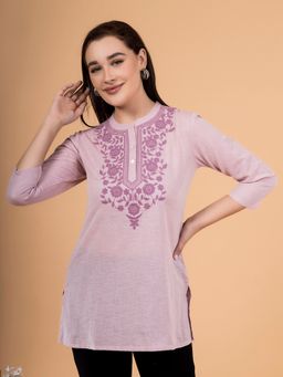 Saffron Threads - Misty Rose Pink Solid Tunic with Embroidered Yoke