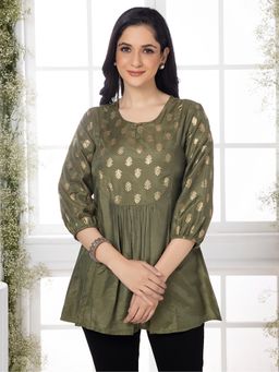 Saffron Threads - Olive Green Heritage Foil Print Tunic