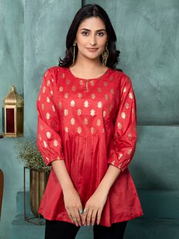 Saffron Threads - Maroon Heritage Foil Print Tunic