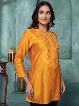 Saffron Threads - Dahlia Orange Embroidered Art Silk Tunic