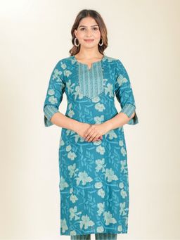 ARAMYA - Blue Soft Cotton Straight Floral Print Kurta