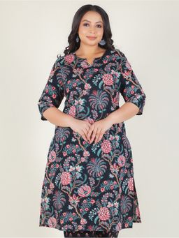 ARAMYA - Navy Blue Soft Cotton Straight Floral Print Kurta