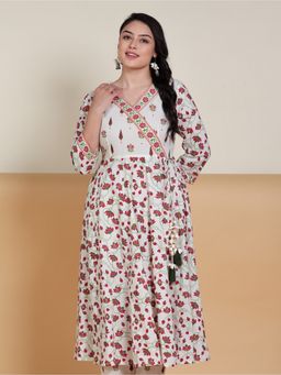 ARAMYA - Off White Soft Cotton Angrakha Floral Print Kurta
