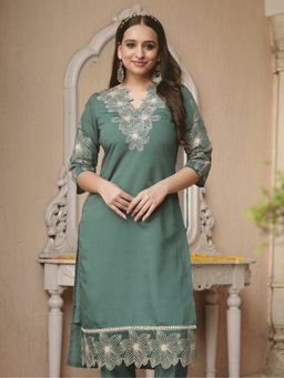 ARAMYA - Green Roman Silk Embroidered Kurta