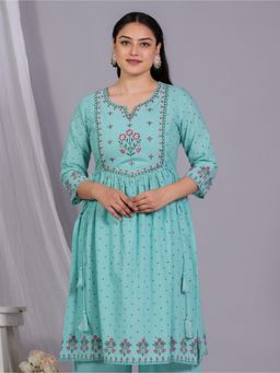 ARAMYA - Green Soft Cotton A-Line Floral Print Kurta