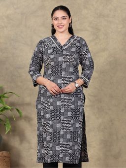ARAMYA - Black Soft Cotton Angrakha Patchwork Print Kurta