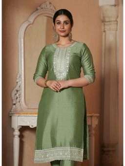 ARAMYA - Green Poly Silk Embroidered Kurta