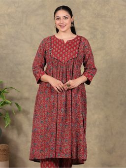 ARAMYA - Red Kantha Cotton A-Line Floral Print Kurta
