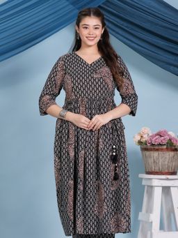 ARAMYA - Black Kantha Cotton Angrakha Paisley Print Kurta