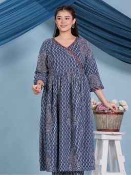 ARAMYA - Blue Kantha Cotton Angrakha Paisley Print Kurta