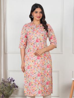ARAMYA - Peach Soft Cotton Straight Floral Print Kurta