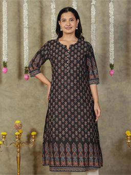 ARAMYA - Black Soft Cotton A-Line Butti Print Kurta