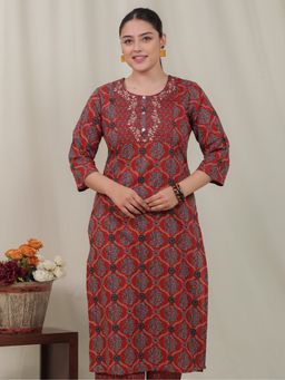 ARAMYA - Rust Soft Cotton Straight Floral Print Kurta