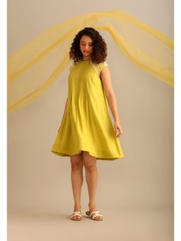 Myoho - A Lime Yellow Cotton Silk Pintucked Dress