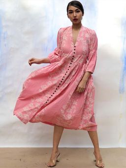 Chidiyaa - Pink Pure Cotton Printed Midi Dress