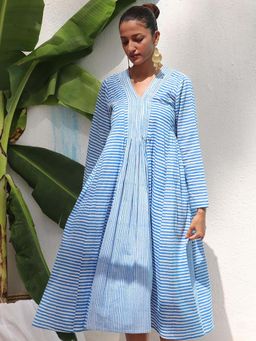 Chidiyaa - Blue Pure Cotton Stripes Midi Dress