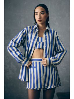 Paulmi & Harsh - Blue Kai Women Cotton Stripes Shirt with Bustier and Skirt