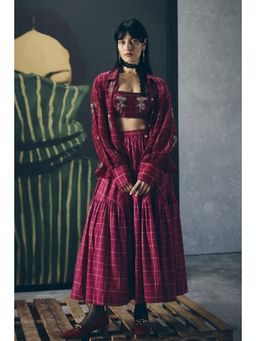 Paulmi & Harsh - Maroon Haruki Women Poplin Checks Shirt with Bustier and Skirt