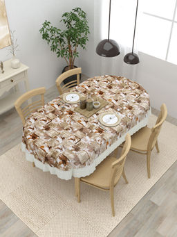 The Home Story - Oval Dining Table Cover Anti Slip Brown Flowers & Checks (4 Seater)