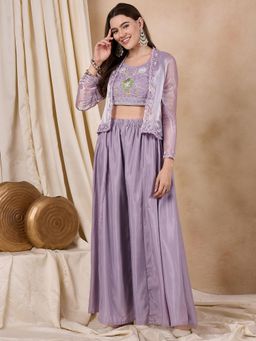 Gahan - Blended Silk Embroidered with Beads Lavender Crop Top Palazzo & Jacket (Set of 3)