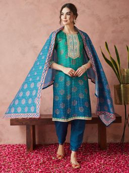 Gahan - Viscose Yoke Embroidered Bandhani Printed Ombre Blue Kurta Pant & Dupatta (Set of 3)