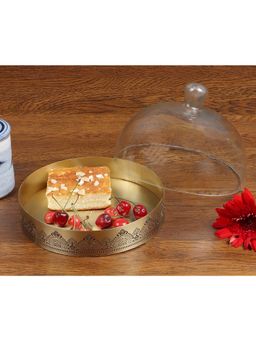 NAKSHIKATHAA - Dohar Brass Cookie Tray With Glass Cloche (Maroon)