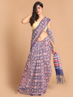 Indethnic - Blue Printed Super Net Saree with Unstitched Blouse