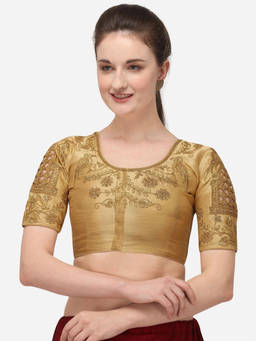 Amrutam Fab - Womens Embroidered Beige Phantom Silk Stiched Blouse With Round Neck
