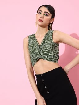 KASSUALLY - Casual Printed Women Green Crop Top