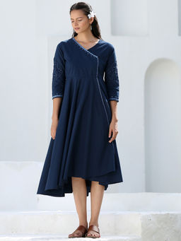 Okhai - Midnight Blue Applique Work and Mirror Work Dress