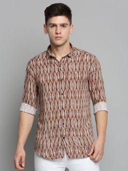 SHOWOFF - Mens Spread Collar Brown Printed Shirt