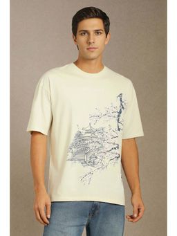 Louis Philippe - Men Beige Graphic Print Crew Neck T-Shirt