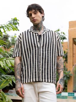 Campus Sutra - Mens Midnight Black and Cream White Candy-Striped Crochet Oversized Shirt