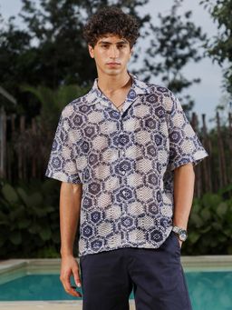 Campus Sutra - Mens Navy Blue Hexagon-Imprint Crochet Oversized Shirt