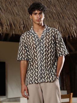 Campus Sutra - Mens Cream White and Midnight Black Chevron-Stripe Crochet Oversized Shirt