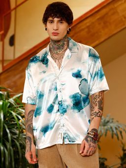 Campus Sutra - Mens Indigo Blue and Ivory White Blob-Satin Oversized Shirt