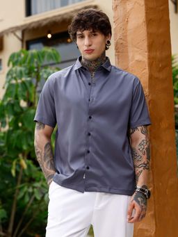 Campus Sutra - Mens Moon Grey Solid-Satin Oversized Shirt
