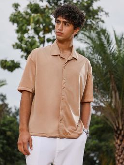 Campus Sutra - Mens Sand Beige Satin Resort Oversized Shirt