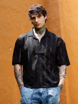 Campus Sutra - Mens Onyx Black Swirl Flat-Knit Resort Oversized Shirt