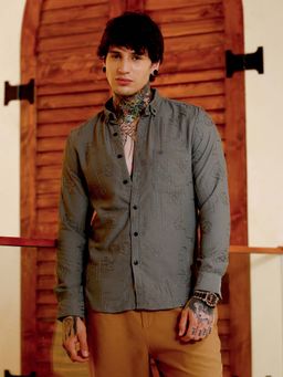 Campus Sutra - Mens Grey Textured One-Lined Shirt