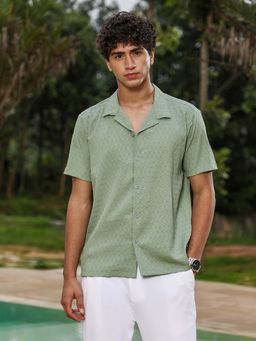 Campus Sutra - Mens Pistachio Green Embroidered Crease-Striped Shirt