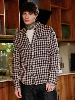 Campus Sutra - Mens Cream White and Midnight Black Hazy-Geometric Jacquard Shirt