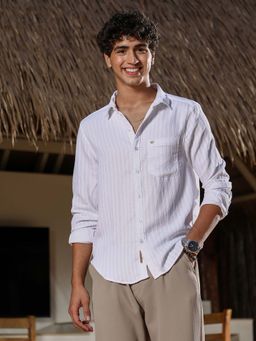 Campus Sutra - Mens Chalk White Rope-Stripe Jacquard Shirt