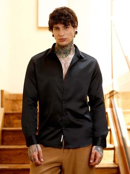 Campus Sutra - Mens Onyx Black Solid-Satin Regular Shirt