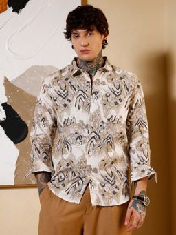 Campus Sutra - Mens Ecru Beige Strokes-Imprint Brushed Shirt