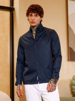 Campus Sutra - Mens Navy Blue Contrast-Streaks Jacquard Shirt