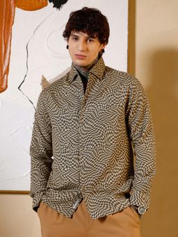 Campus Sutra - Mens Moon Grey and Khaki Beige Curved-Check Jacquard Shirt