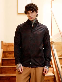 Campus Sutra - Mens Coffee Brown Dark-Tone Flora-Block Jacquard Shirt