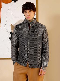 Campus Sutra - Mens Onyx Black Geometric-Blocks Jacquard Shirt