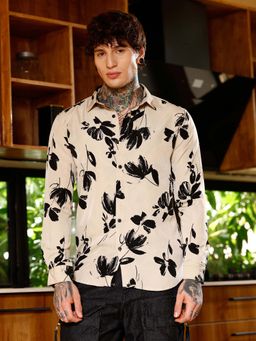 Campus Sutra - Mens Ecru Beige and Midnight Black Flora-Stroke Imprint Shirt